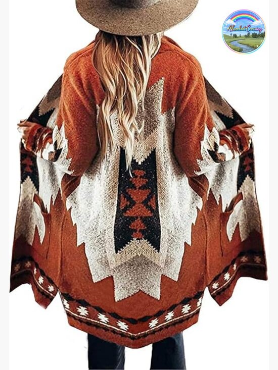 Sweaters - Vintage Tribal Knitted Open Front Cardigan with Pockets Cozy Western Sweater